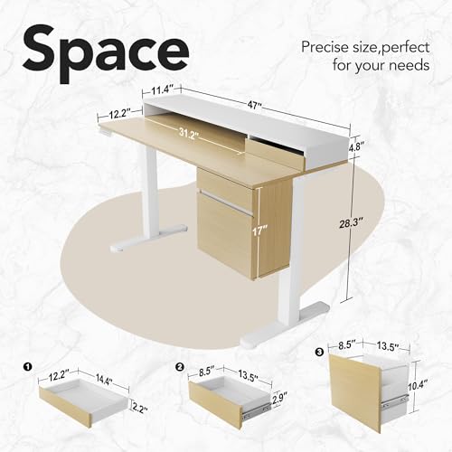 HUANUO Electric Standing Desk with File Cabinet, 47 Inch Height Adjustable Desk with Storage Drawers, Ergonomic Stand Up Table Compatible with Monitor Stand, Light Walnut - color: Light Walnut, size: One Side Storage
