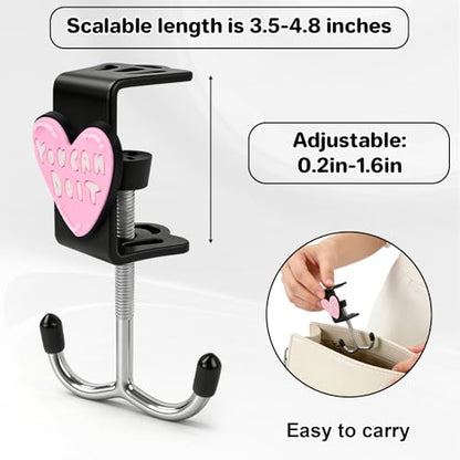 AULEEP 2 Pack Clamp-On Under Desk Bag Hook, Adjustable Purse Holder for Table with Cute DIY Stickers, 100 lbs Capacity Heavy-Duty Desk Organizer Hooks for Handbag, Backpack, Headphone, Black - color: Black