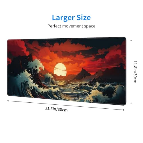 Japanese Sea Wave Large Mouse Pad,Gaming Keyboard Desk Pad,Extended Mouse Mat Non-Slip Rubber Base with Stitched Edges for Office Game Home XL 31.5"x11.8" - color: Japanese Wave, size: 31.5L x 11.8W inches
