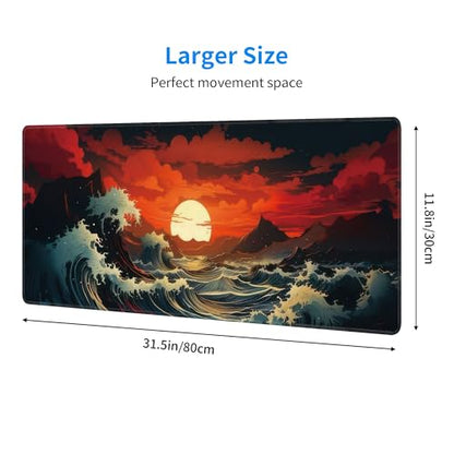 Japanese Sea Wave Large Mouse Pad,Gaming Keyboard Desk Pad,Extended Mouse Mat Non-Slip Rubber Base with Stitched Edges for Office Game Home XL 31.5"x11.8" - color: Japanese Wave, size: 31.5L x 11.8W inches