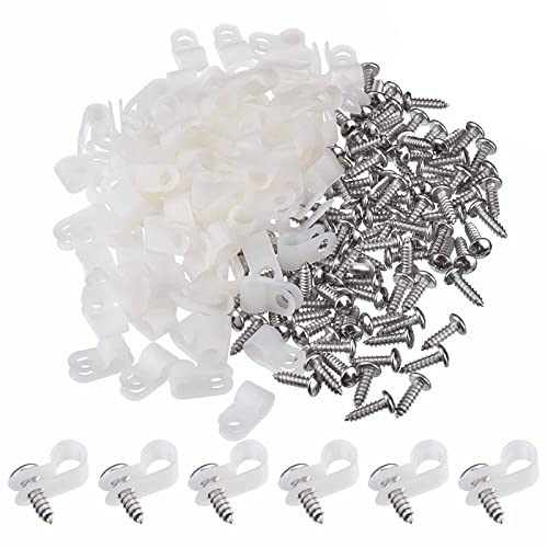 Hicarer 50 Pack R-Type Cable Clip Wire Clamp, Nylon Screw Mounting Cord Fastener Clips with 50 Pack Screws for Wire Management (White,1/2 Inch) - color: White, size: 1/2 Inch