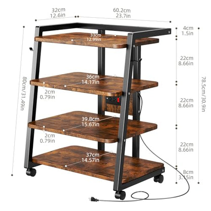 CABTE Mobile AV Media Stand with Outlets and 4 Rolling Caster Wheels, 4-Tier Rolling TV Stand for Gaming Console, Stereo, DVD Player, Sturdy Metal Frame, Versatile Living Room,Bedroom (Retro Brown) - color: Retro Brown