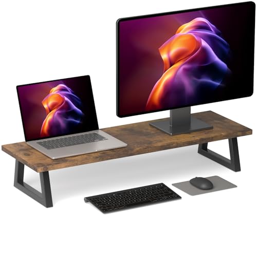 TEAMIX 31.5 inch Dual Monitor Riser for 2 Monitors, Long Monitor Stand Riser TV Stand Riser Monitor Stand for Desk Wood & Steel Desktop Riser Desk Organization Home Office - color: Brown