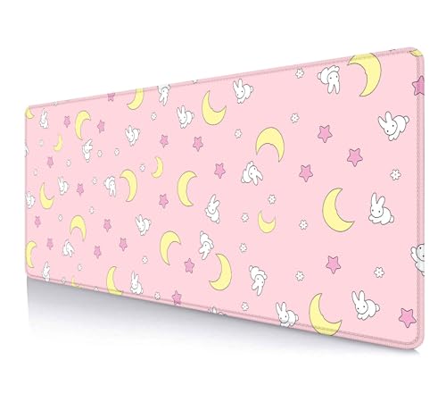 IMAYONDIA Pink Kawaii Desk Pad, Cute Moon Bunny Desk Mat Computer Pad Desktop,Laptop Protector Aesthetic Anime Mousepad Writing Pad for Office Home School,Large Gaming Mouse Pad Tarot Mat,31.5 X 11.8 - color: Pastel Moon Bunny