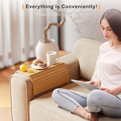 Bestjing Bamboo Sofa Armrest Tray - Couch Arm Tray with Detachable Couch Cup Holder - 2 in 1 Anti-Slip Foldable Sofa Armchair Caddy Table for Drinks Cellphone TV Remote Snacks - color: Bamboo, size: 16.3" x 13.3" x 2"