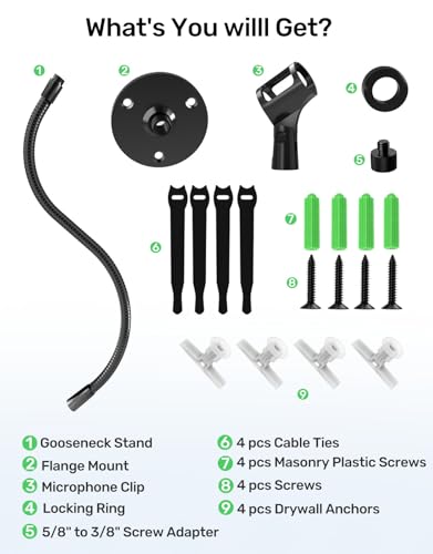 Gooseneck Mic Stand -19" Podium Microphone Holder, Heavy Duty Adjustable Desk/Wall Mount Flexible Arm with Flange Mount, Compatible with Dynamic Mics for Podcast, Studio, Lecture, Gaming, Streaming - size: 19" Gooseneck + Flange Mount