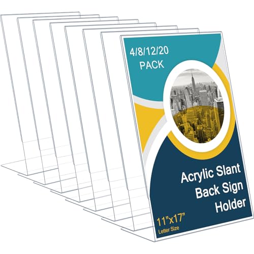 Qilery 4 Pcs Acrylic Sign Holder Clear Display Stand Frame Table Top Slant Back Plastic Sign Holder Flyer Document for Menu Workers Teachers Office School Desktop (11 x 17 Inch) - size: 11 x 17 Inch