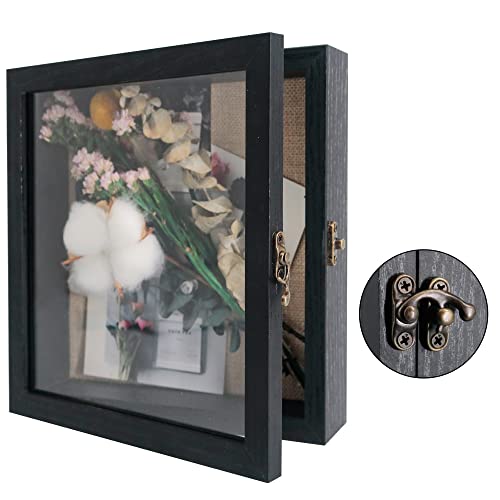 GraduatePro Shadow Box Frame 8x8 Display Case with Linen Back, Real Glass Window Door with Hinge, Picture Frame Wedding Bouquet Memorabilia Medals Photos Memory Box for Keepsakes, Rustic Black - color: Rustic Black, size: 8"x8" (20x20 cm)