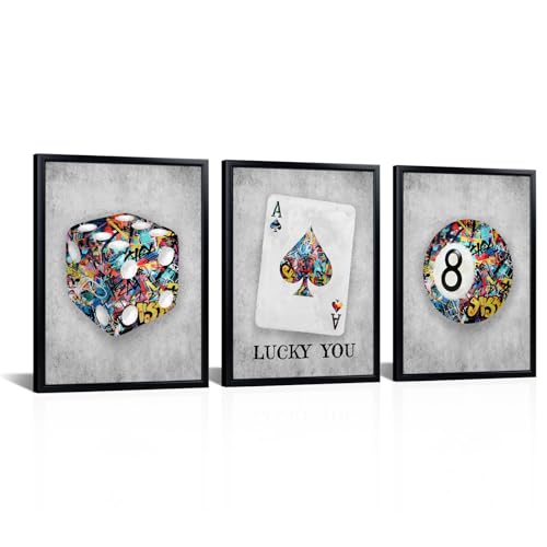 Kalormore Framed Stylish 8 Ball Wall Art Graffiti Canvas Picture Vintage Ace Cards Poster Prints Artwork Aesthetic Game Room Decor 12"x16"x3pcs
