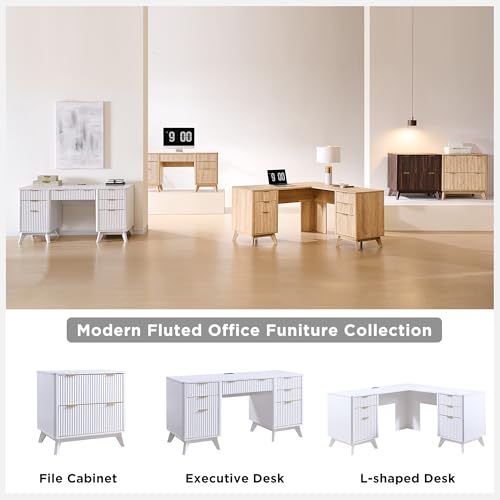 T4TREAM 60'' Fluted Executive Desk with Drawers, Modern Home Office Computer Desk with Charging Station, Keyboard Tray, File Drawer and Storage Cabinet for Study, Living Room, Bedroom, Solid White - color: Solid White
