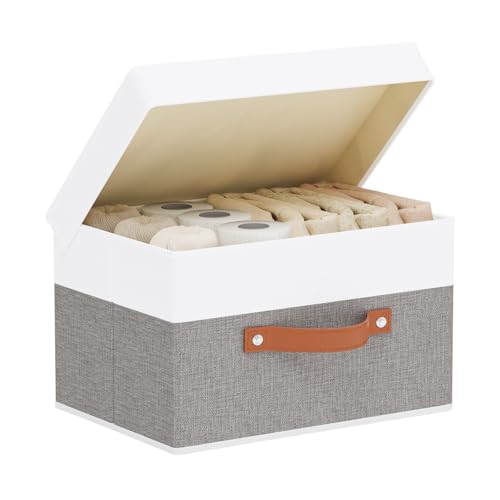 Fabric Storage Bin, Storage Basket with Lids, Closet Organizer Box with Handles for Shoes Books Towels, White and Grey, 1 Pack, 13 x 9.1 x 7.9 Inch - color: White/Grey, size: 13x9.1x7.9in(1-Pack)