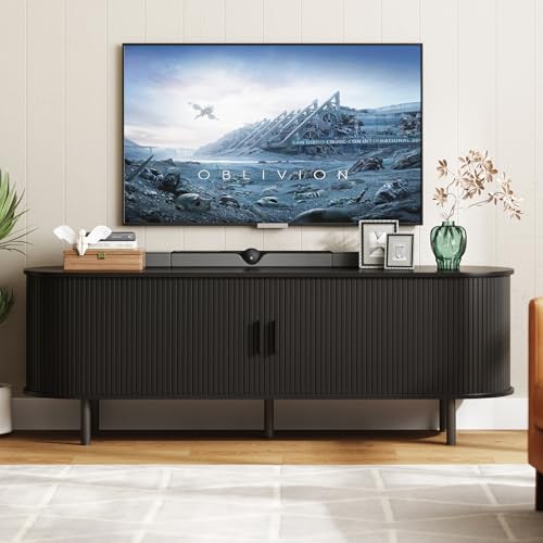ONBRILL 63" TV Stand with Power Outlet for TVs up to 70 Inch, Entertainment Center with Storage and Adjustable Shelves, Modern Media Console with Sliding Doors for Living Room, Black - color: Black, size: 63 Inch