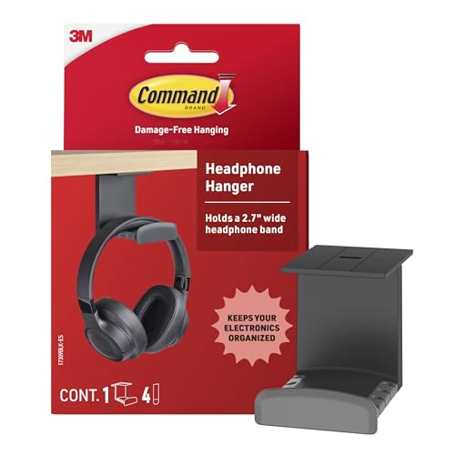 Command Headphone Hanger, 1 Holder and 4 Strips, Holds a 2.7" Wide Band, Black, Great for Damage-Free Electronics Organization for Wired or Wireless Headphones - color: Black