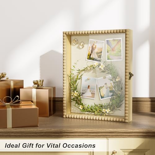 Love-KANKEI Shadow Box Frame 11x14, Deep Large Shadow Box Display Case with Unique Beads Door and Glass Window, Wood Memory Box for Pictures,Medals,Memorabilia,Collections Natural - color: Natural, size: 11x14