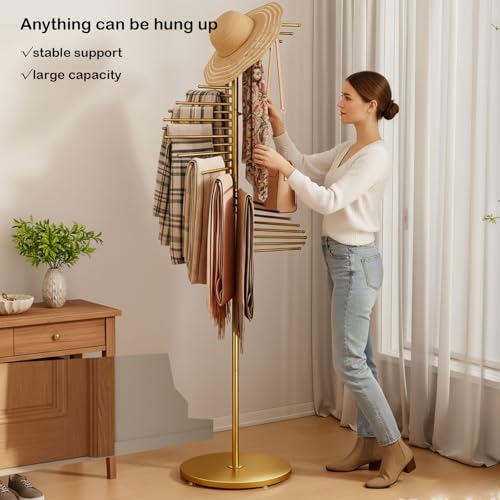 Scarf Hanger Organizer Stand Metal Scarf Display for Multiple Scarves Spiral Hijab Hanger Gold Tie Rack with 30 Bars Heavy Duty Pant Hanger Space Saving Commercial Holder for Tie, Belt, Chothes - color: Gold