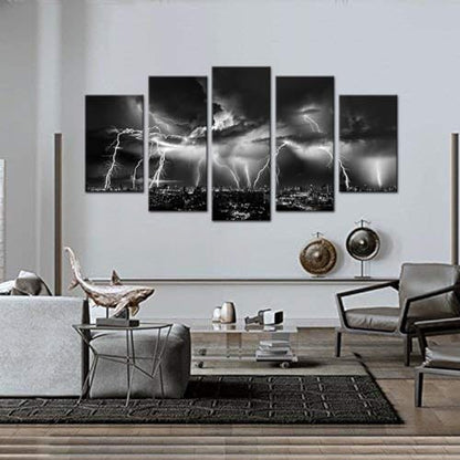 Biuteawal - Black and White City Wall Art Nature Lightning Strikes in The Clouds Painting on Canvas Storm Cityscape Picture Print for Home Office Bedroom Decoration - size: W60"xH32"