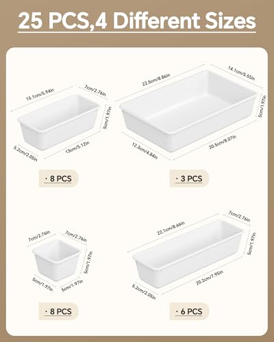 KEMETHY 25 PCS Plastic Drawer Organizers Set, 4 Sizes Vanity Organizer, Makeup and Desk Drawer Organizer Trays, Organization and Storage for Makeup, Bathroom, Kitchen Utensils and Office (White) - color: White