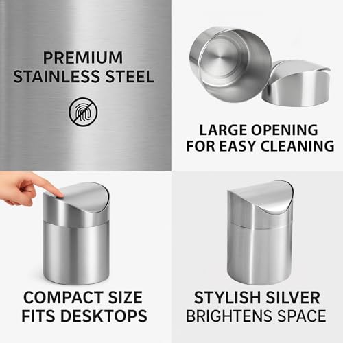 Small Mini Trash Can with Lid, Brushed Stainless Steel Small Tiny Mini Trash Bin Can, Mini Countertop Trash Cans for Desk Office, Swing Top Trash Bin 1.5 L/0.40 Gal (Sliver) - color: Silver