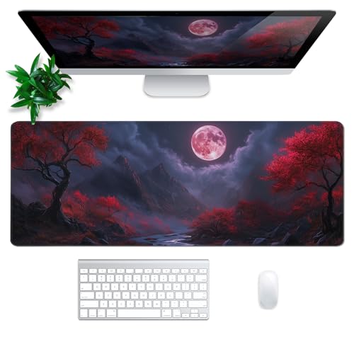 Darkness Red Moon Mouse Pad Abstract Red Mouse Pad 31.5x11.8 Inch Texture Non-Slip Rubber Base Large Mousepad Stitched Edges Keyboard Mouse Mat Desk Pad for Office and Home (Darkness 2) - color: Darkness Red Moon 2