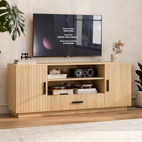LCRBOL TV Stand for up to 70" TV, Mid-Century Entertainment Center, Natural | 63"W x 15.4"D x 25"H, 2 fluted cabinets, 1 drawer & open shelves, top holds 200 lbs, cable management, ~90 min assembly - color: Beige