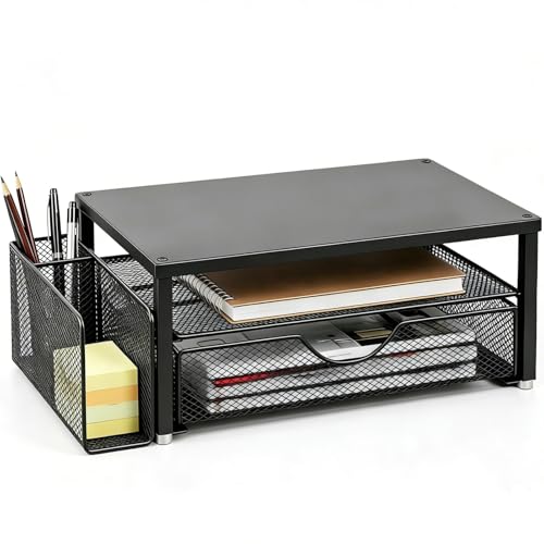 Spacrea Desk Organizer and Accessories, Computer Monitor Stand Riser with Drawer and 1 Open Pen Holder, Printer & Laptop Stand, Office Desk Accessories for Home Office Supplies (Black) - color: Black - Metal Drawer