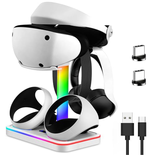 Charging Stand for PlayStation VR2, Charging Station for PSVR 2 with VR Headset Display Stand, Controller Charging Dock for PS5 VR2 with LED-Charging Indicator, 7 Light Mode, Type-C Cable