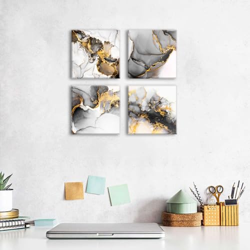 Black and Gold Abstract Wall Art Bathroom Wall Decor Contemporary Marble Artwork for Walls Ink Texture Painting Canvas Prints Living Room Fluid Lines Pictures Bedroom Office Home Decorations 12x12” 4P - color: Abstract Marble, size: 12x12in