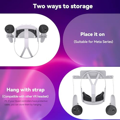 VR Wall Mount - Compatible with Meta Oculus Quest 3S/3/2/Pro/Rift-S, Aluminium VR Headset & Controller Hanger with Two Storage Options
