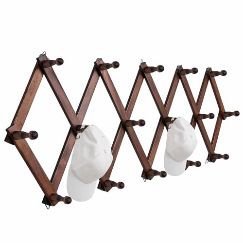 SCUNDA Hat Rack for Wall, Expandable Wall Hat Holder with 16 Hooks, 16 inch Wooden Wall Hook for Baseball Caps,Cowboy, Bag,Hoodie(Brown) - color: Brown, size: 16 Hooks