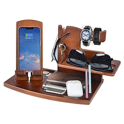 Gifts for Men, Fathers Day Wood Phone Docking Station for Dad, Desk or Nightstand Organizer, Mens Gifts for Husband, Birthday Gifts for Men,Gifts for Fathers Day, Key Holder Wallet, Watch & Essentials - color: Brown-2