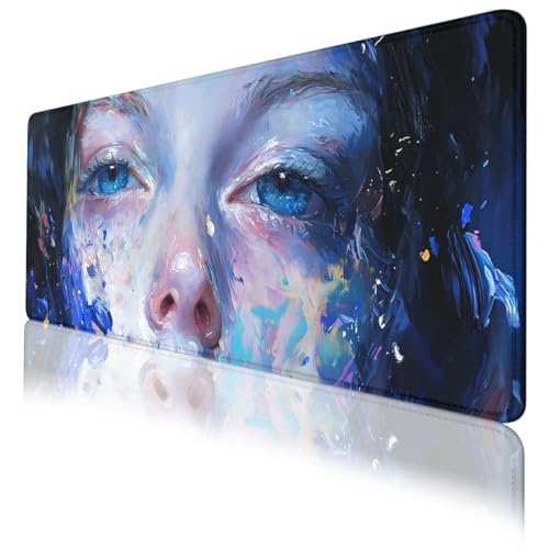 Blue Eyes Gaming Mouse Pad Colorful Abstract Portrait Large Desk Mat Extended Large Laptop Keyboard Non-Slip Rubber Base with Stitched Edges for Home Office Computer Keyboard Laptop 31.5"x11.8" - color: Blue Eyes
