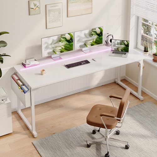DurayLoly 71" Computer Desk LED Lights, Large Office Desk for 3 Monitors or 2 laptops,Long Desk with Storage Bag&Headphone Hook for Study Writing Work Gaming Desk,Sturdy Metal Frame,Bedroom,White - color: White, size: 71 Inch