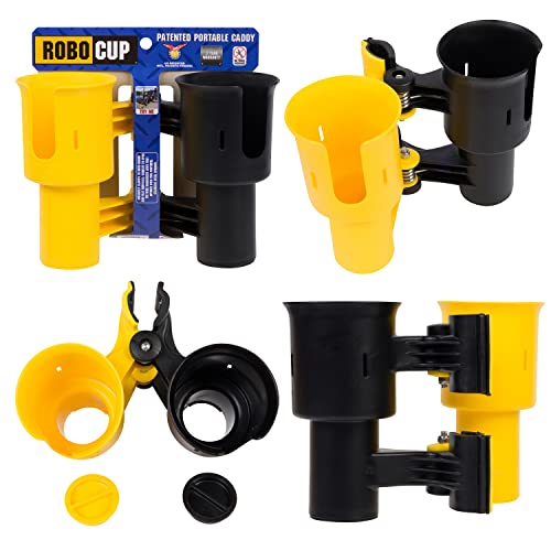 ROBOCUP, (Yellow & Black), Patented Clamp On Boat Cup Holder |Multifunction Dual Drink Caddy for Fishing Poles, Tools, Net, Gaff |Portable Storage for Boating, Beach, Umbrellas, Golf Carts, Strollers - color: Yellow & Black, size: Standard Spring