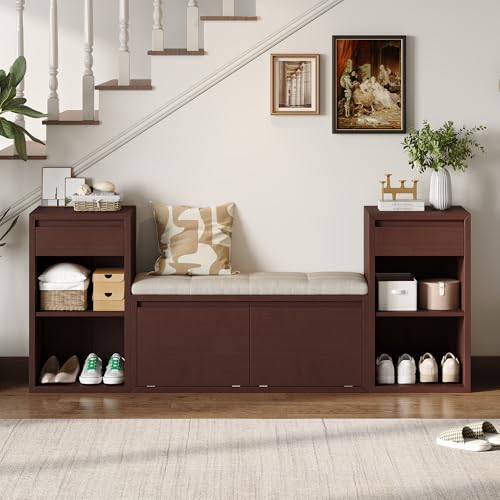 JIJIWANG 77.48" W Entryway Storage Bench with Cushion, 4-in-1 Hallway Bench with Drawers, Compartments and Open Shelves, Mudroom Bench for Shoes and Storage, Espresso - color: Espresso