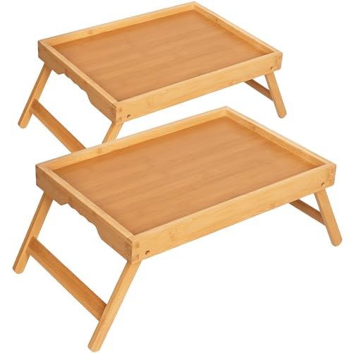 Large Breakfast Tray with Folding Legs Set of 2, 16.9" x 12.2" Bamboo Bed Tray Table with Ergonomic Wave Handles, Foldable TV Dinner Tray for Bed Couch Sofa, Breakfast, Laptop, Coffee, Natural - color: Natural, size: Large