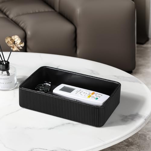 PU Leather Valet Tray Organizer, Small Nightstand Organizer Bedside Desktop Storage for Womens and Men, Perfume Trinket Catchall Vanity Tray for Key Watch Wallet (Black, Rectangular) - color: Black
