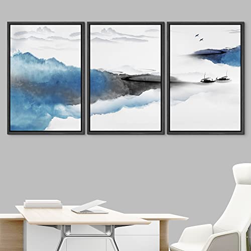 NWT Framed Canvas Print Wall Art Set Pastel Watercolor Mist Mountain Range Landscape Nature Wilderness Illustration Modern Rustic Scenic for Living Room, Bedroom, Office - 16"x24"x3 Black - color: A02-05-b20, size: 16" x 24" x 3 Panels BLACK