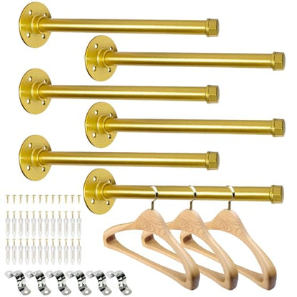 Pintuson 6 Pcs Industrial Pipe Clothes Bar 12 Inch - Wall Mount Clothing Rack - Face Out Closet Rods for Hanging Clothes Commercial Retail Boutique Laundry Shirt Display - Golden - color: Golden 12" Clothes Rack