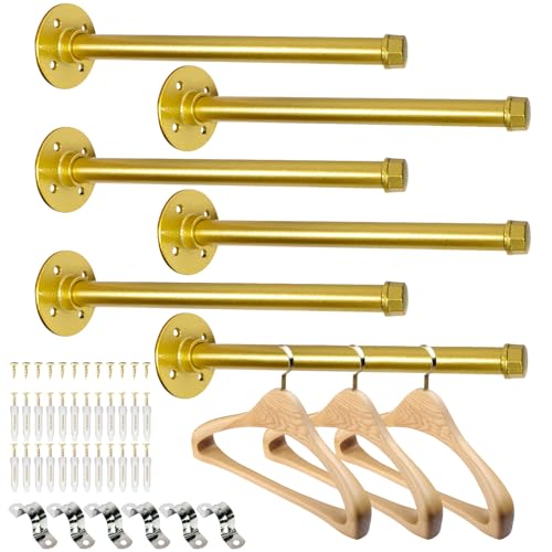 Pintuson 6 Pcs Industrial Pipe Clothes Bar 12 Inch - Wall Mount Clothing Rack - Face Out Closet Rods for Hanging Clothes Commercial Retail Boutique Laundry Shirt Display - Golden - color: Golden 12" Clothes Rack