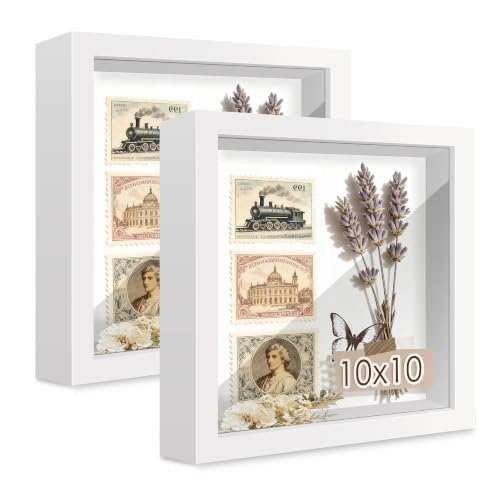 Picrit 10x10 Shadow Box Frame Set of 2, Display Case Box with High Definition Real Glass and Black Back for Memorabilia, Baby Items, Wedding Memories, Crafts, Tickets and Photos, White - color: White, size: 10x10-2P