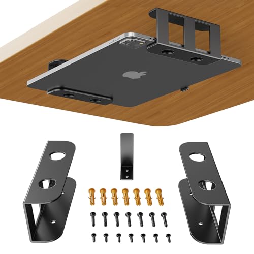 BYMECOST Under Desk Laptop Storage Mount, Metal Under Desk Device Holder, for Devices Up to 2.1" Thick, MacBook, Mini, Keyboard, Router, with Anti-Scratch Silicone (Black) - color: Black, size: 2.1" without hook