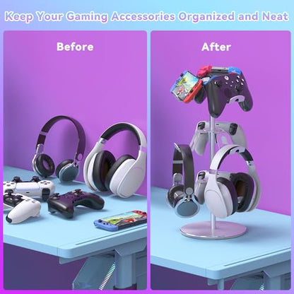 Controller Stand Compatible with Xbox PS5 PS4 Nintendo Switch Pro, 3 Tier Aluminum Gaming Headset Stand, Rotatable Headphone Controller Holder Organizer Rack, Universal & Large Capacity, Silver - color: Silver