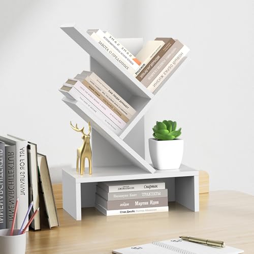 Godferyxin Small Bookshelf with Drawer – Compact Book Holder for Small Spaces, White Small Bookcase for Office, CDs, and Decorative Items, Fits Bedroom Desk Bookshelf Tree - color: 4-tier-white