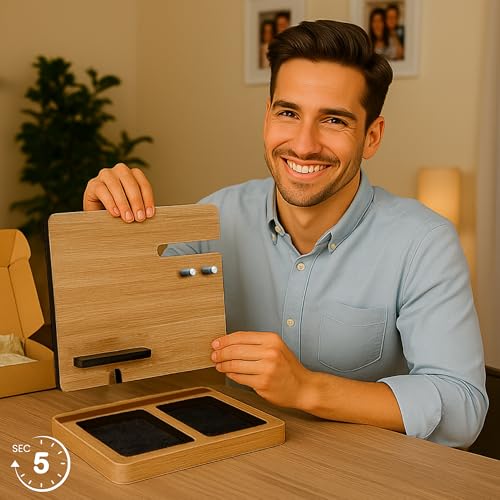Namore Nightstand Organizer for Men – Wood Phone Docking Station & Bedside Valet Tray Organizer for Wallet, Watch & Keys – Unique Gifts for Men, Husband, Dad - color: Hickory