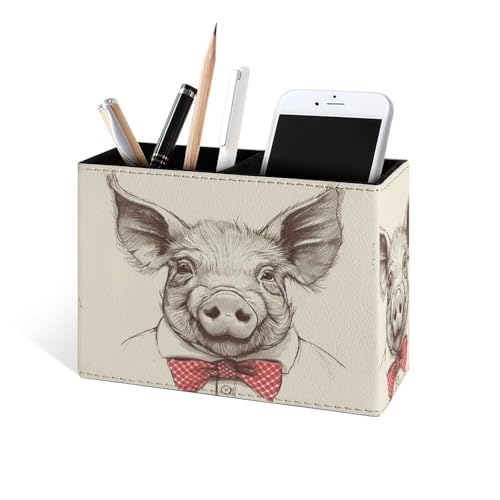 Famame Bow Tie Pig Portrait Pencil Holder for Desk, Leather Desktop Container Pen Cup Storage Study Table Pen Organizer Makeup Brush Holder for Classroom Office Home - color: Bow Tie Pig