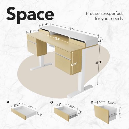 HUANUO Electric Standing Desk with 6 Drawers, 55 Inch Height Adjustable Stand Up Desk with Storage, Computer Workstation Compatible with Monitor Stand for Home Office, Light Walnut - color: Light Walnut, size: Dual Side Storage