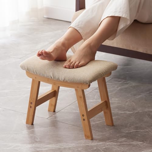 Kitsanery Foot Stool,Ottoman,Bamboo Small Sofa Foot Rest Under Desk,Extra Seating for Living Room, Bedroom and Kitchen (Natural Stool Legs - Beige Surface) - color: Natural Stool Legs - Beige Surface
