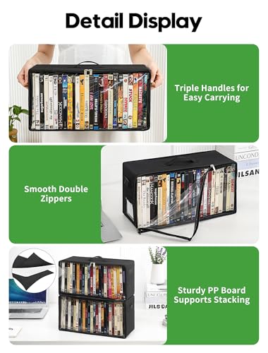 4-Pack DVD Storage Box, Stackable DVD Case Holder Organizer with Front Zippered Clear Window, CD Holder for CD, Blu-ray, VHS, Video Games, and Movie Collection, Holds 100+ Cases