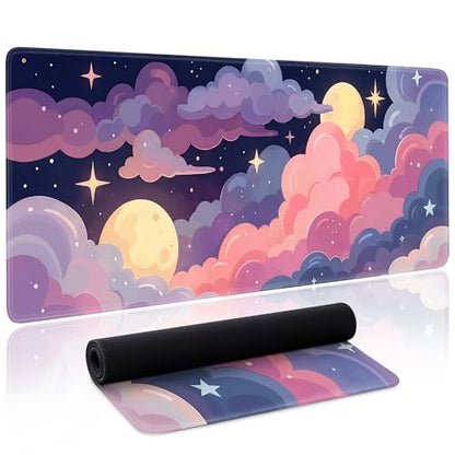 Cute Mouse Pad Kawaii Large Desk Mat Extended Keyboard Mouse Pad Pink Purple Cloud Mousepad with Non-Slip Base and Stitched Edge Gaming Mouse Mat Desk Pad 31.5 x 11.8 Mouse Pads for Desk Home Office - color: Colorful Clouds