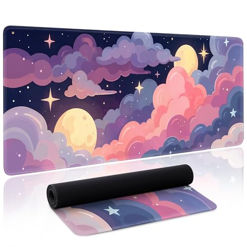 Cute Mouse Pad Kawaii Large Desk Mat Extended Keyboard Mouse Pad Pink Purple Cloud Mousepad with Non-Slip Base and Stitched Edge Gaming Mouse Mat Desk Pad 31.5 x 11.8 Mouse Pads for Desk Home Office - color: Colorful Clouds
